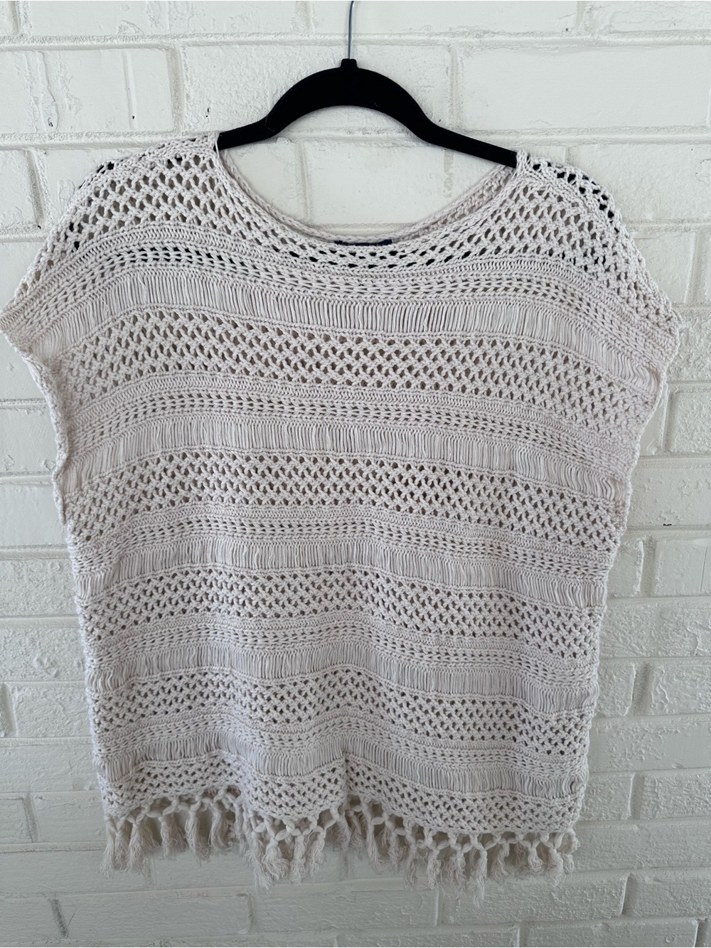 Chaps Crochet Knit Fringe Sweater Top Size 1X Beige Open Weave Boho Coastal Chic